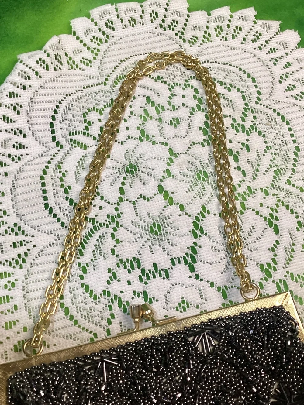 Vintage Black Beaded Evening Clutch with Gold Chain Handmade Hong Kong Kiss Lock